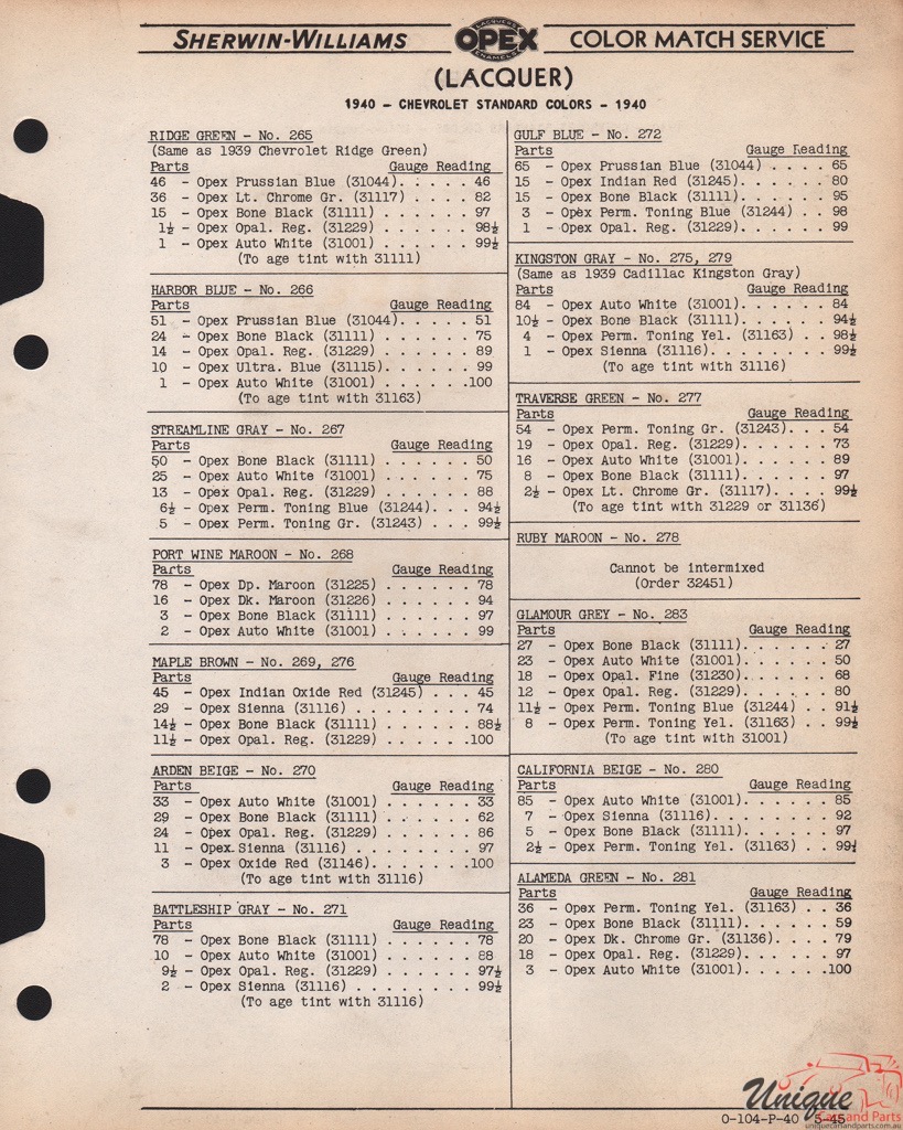 1940 Chev Paint Charts Williams 2